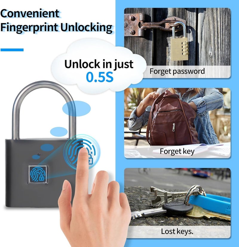 KENRONE Fingerprint Padlock with Emergency Key, Biometric Padlock Quick Unlock, Waterproof and Rustproof, Locks for Warehouses, Gym, Schools, Homes, Office Cabinets - Image 2